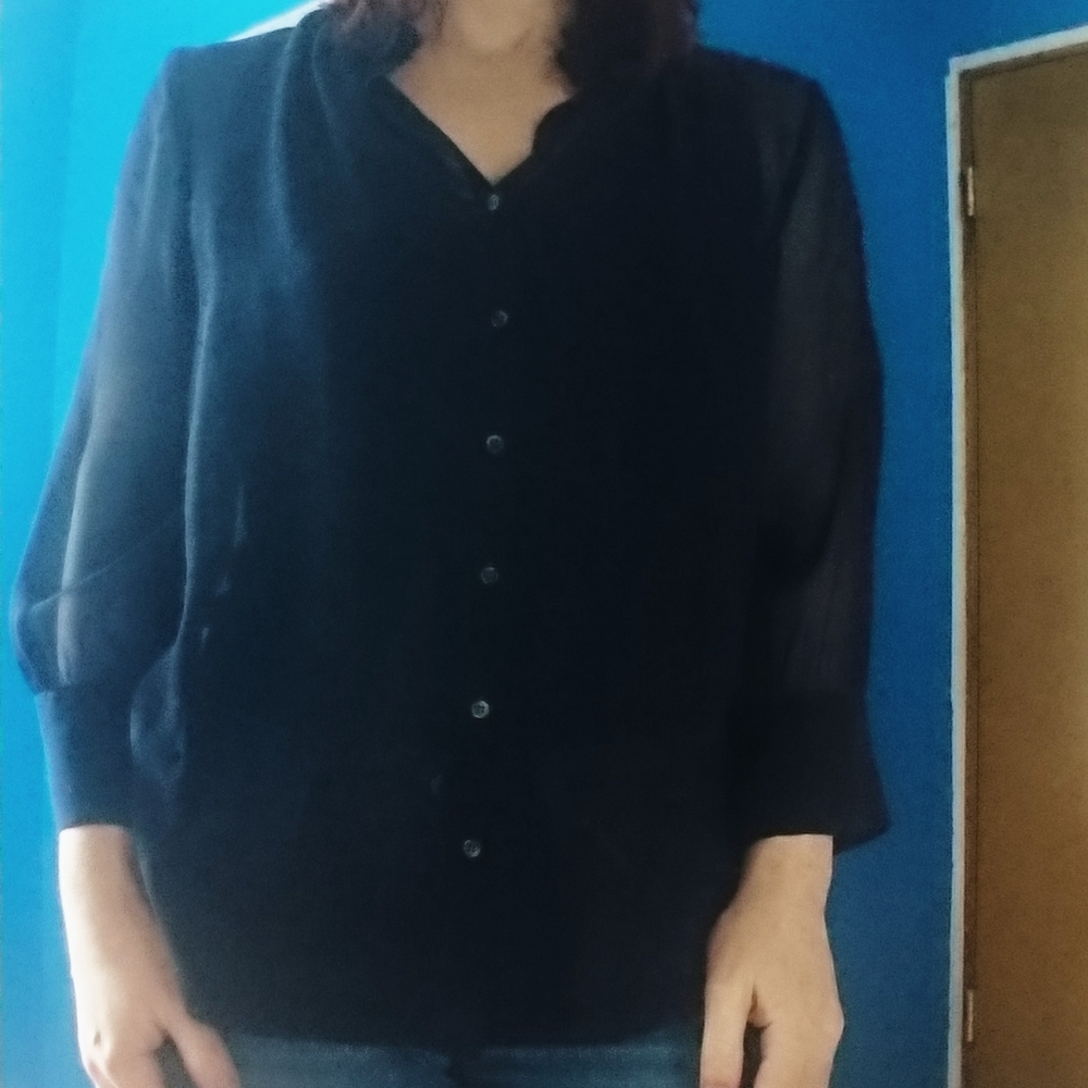 JCrew Sheer Navy 100%Silk Ruffle Neck Blouse Sz 8